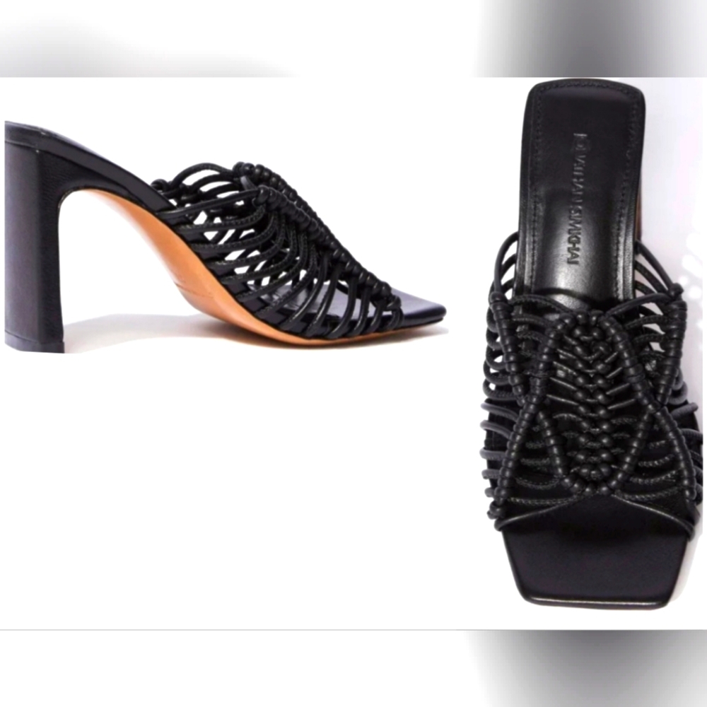NWOB Jonathan Simkhai Audra Macrame Square Toe Sandals Woven Heels Black Slides